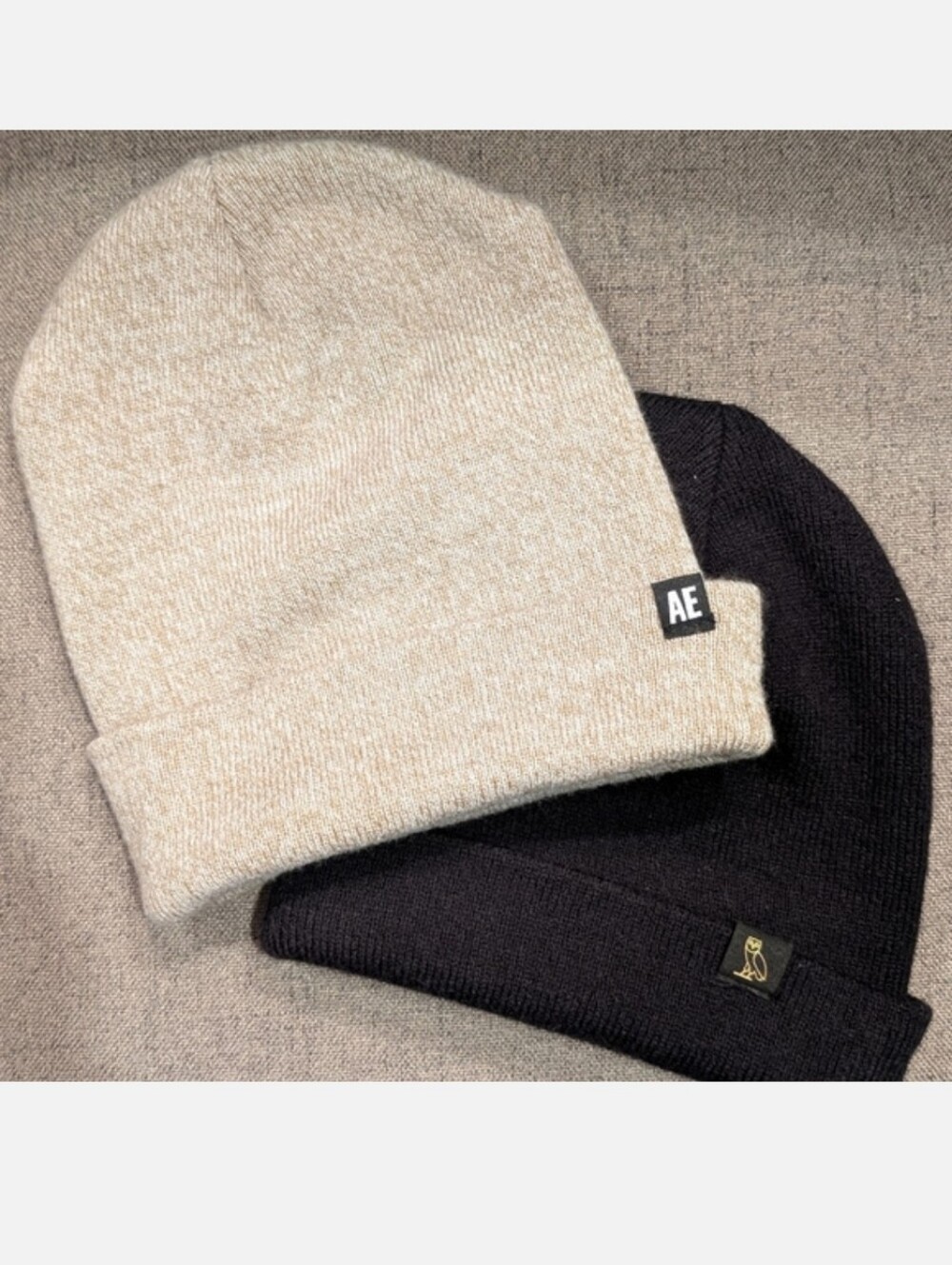 2 Winter Hats OVO Black Beanie Hat And Beige American Eagle Beanie Hat